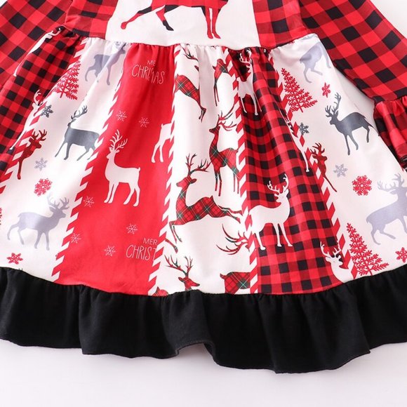 Boutique Reindeer Buffalo Plaid Girls Christmas Panel Twirls Dress - Picture 3 of 4